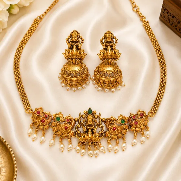 Trendy_Duck_Design_Pearls_Gold_Plated_Matte_Choker_Necklace_Set_For_Women_And_Girls