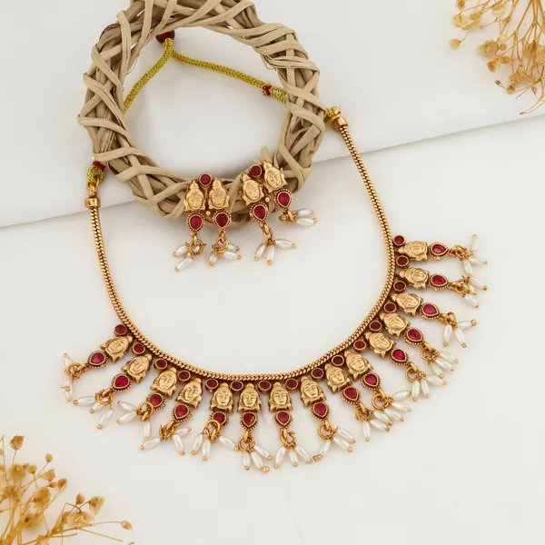 Trendy_Lakshmi_Classic_Design_Red_Stone_Copper_Gold_Plated_Matte_Necklace_Set_For_Women_And_Girls