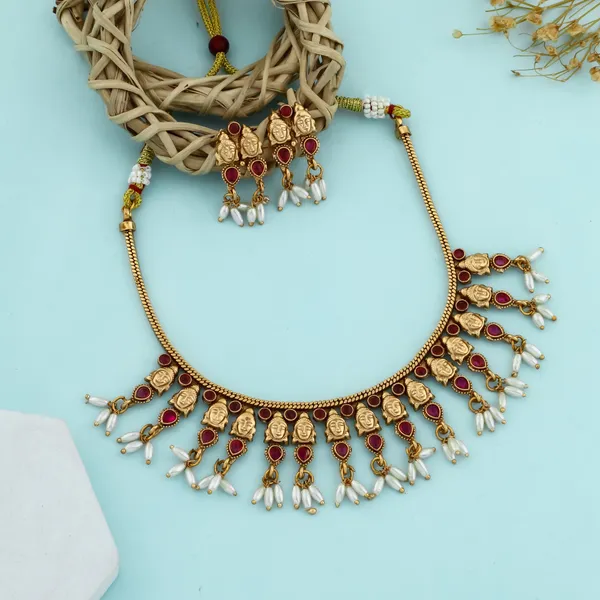 Trendy_Lakshmi_Classic_Design_Red_Stone_Copper_Gold_Plated_Matte_Necklace_Set_For_Women_And_Girls