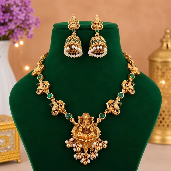 Trendy_Lakshmi_Design_Green_Stone_Gold_Plated_Choker_Necklace_Set_For_Women_And_Girls
