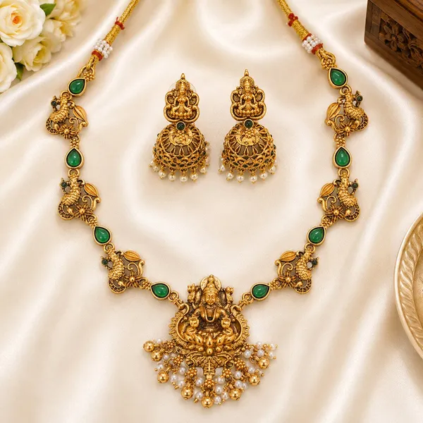 Trendy_Lakshmi_Design_Green_Stone_Gold_Plated_Choker_Necklace_Set_For_Women_And_Girls