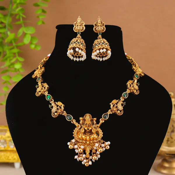 Trendy_Lakshmi_Design_Green_Stone_Gold_Plated_Choker_Necklace_Set_For_Women_And_Girls