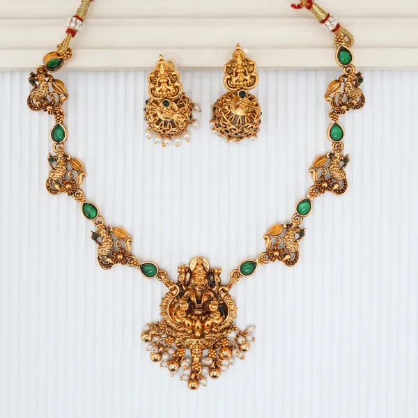 Trendy_Lakshmi_Design_Green_Stone_Gold_Plated_Choker_Necklace_Set_For_Women_And_Girls