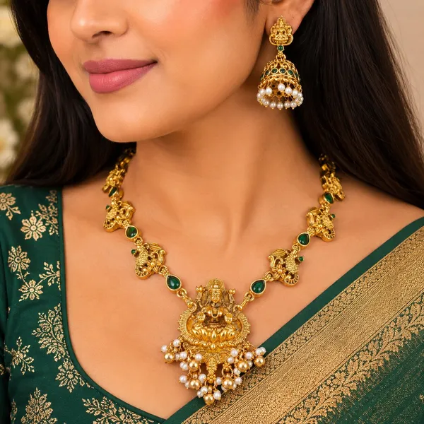 Trendy_Lakshmi_Design_Green_Stone_Gold_Plated_Choker_Necklace_Set_For_Women_And_Girls