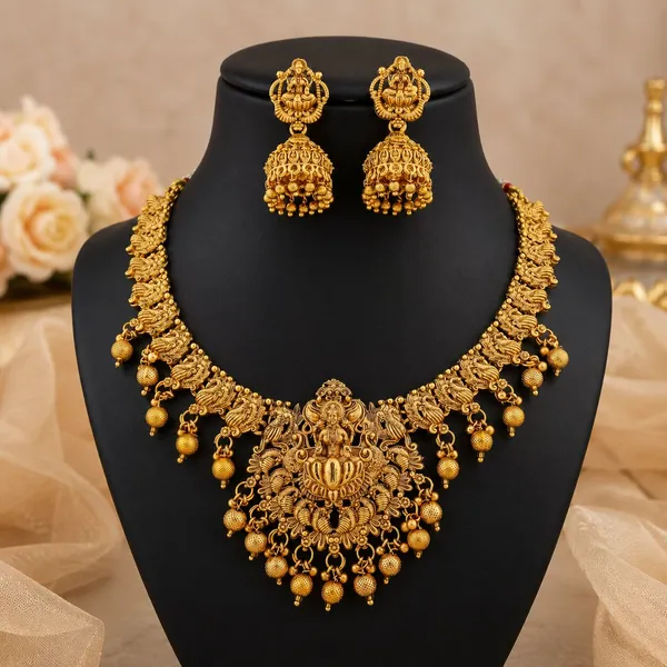 Trendy_Lakshmi_Design_Matt_Bead_Brass_Gold_Plated_Matte_Short_Necklace_Jewellery_Set_For_Women_And_Girls