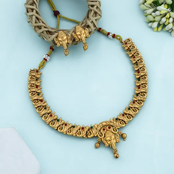 Grisha_Jewellery_Stylish_Elephant_Design_Matt_Bead_Brass_Gold_Plated_Matte_Short_Necklace_Jewelry_Set_For_Women_And_Girls