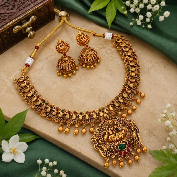 Grisha_Jewellery_Traditional_Peacock_Design_Matt_Bead_Brass_Gold_Plated_Matte_Short_Necklace_Jewellery_Set_For_Women_And_Girls