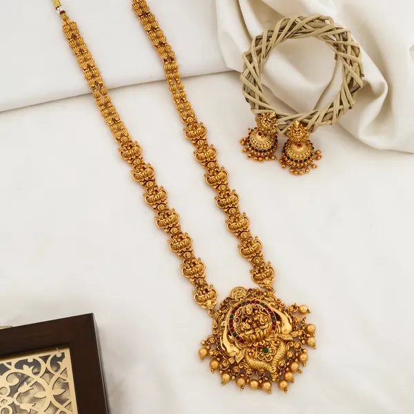 Grisha_Jewellery_Classic_Lakshmi_With_Elephant_Design_Matt_Bead_Brass_Gold_Plated_Matte_Long_Haram_Necklace_Jewellery_Set_For_Women_And_Girls