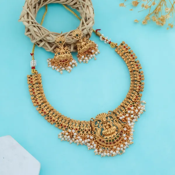 Grisha_Jewellery_Stylish_Lakshmi_Design_Matt_White_Bead_Brass_Gold_Plated_Matte_Short_Necklace_Jewellery_Set_For_Women_And_Girls