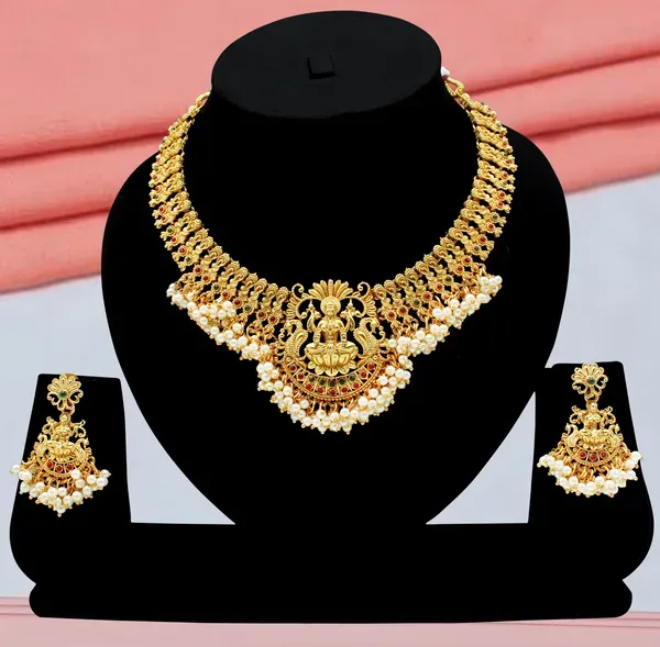 Grisha_Jewellery_Stylish_Lakshmi_Design_Matt_White_Bead_Brass_Gold_Plated_Matte_Short_Necklace_Jewellery_Set_For_Women_And_Girls