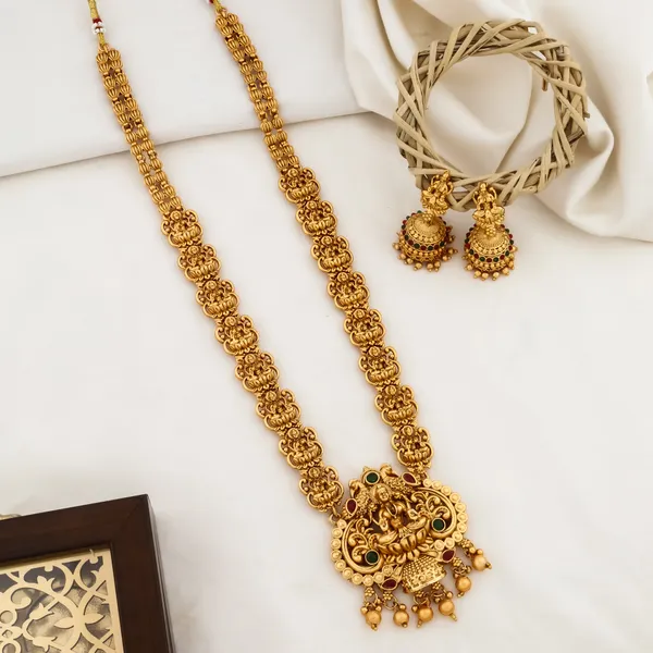 Grisha_Jewellery_Stylish_Lakshmi_With_Peacock_Design_Matt_Bead_Brass_Gold_Plated_Matte_Long_Haram_Necklace_Jewellery_Set_For_Women_And_Girls