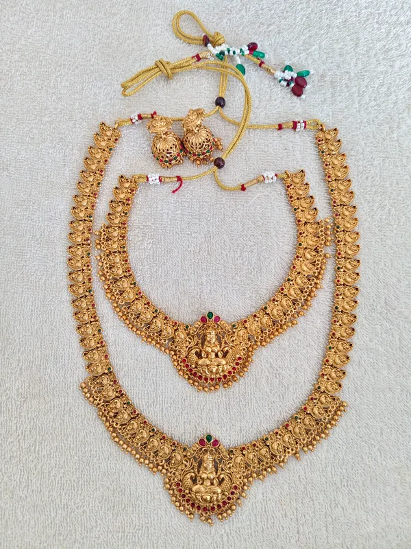 Latest_Laxshmi_Matte_Gold_Plated_Long_Necklace_With_Short_Necklace_Combo_Set_With_Earrings_For_Women