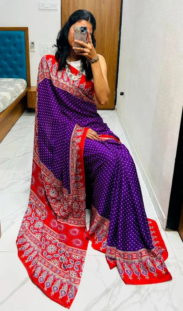 Red_And_Purple_Semi_Gajji_Bandhej_Printed_Sarees