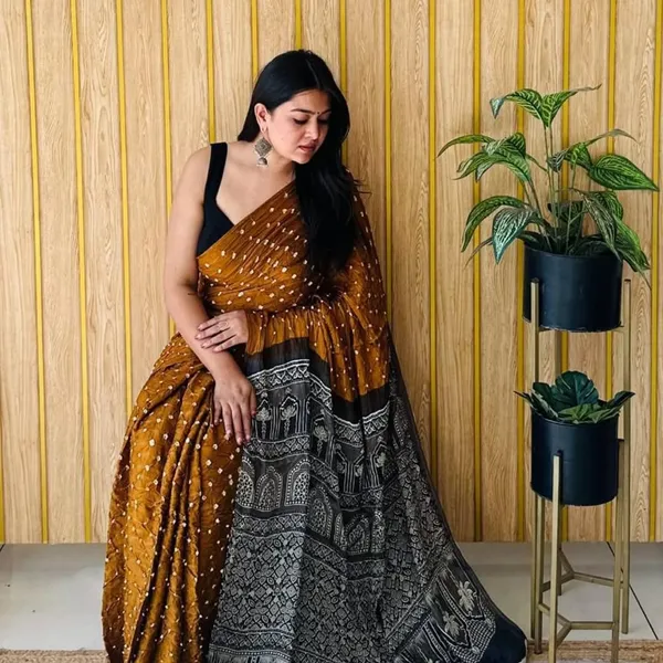 Mustard_And_Black_Semi_Gajji_Bandhej_Printed_Sarees