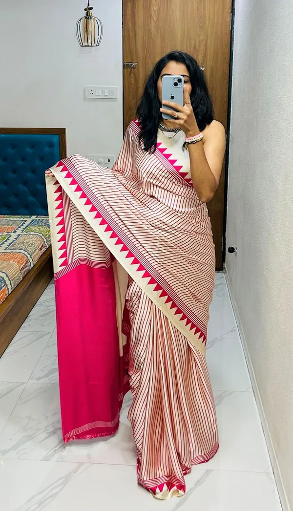 White_And_Pink_Semi_Gajji_Bandhej_Printed_Sarees
