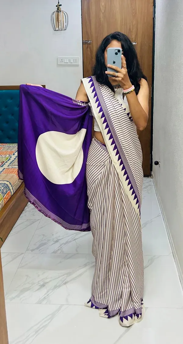 White_And_Purple_Semi_Gajji_Bandhej_Printed_Sarees