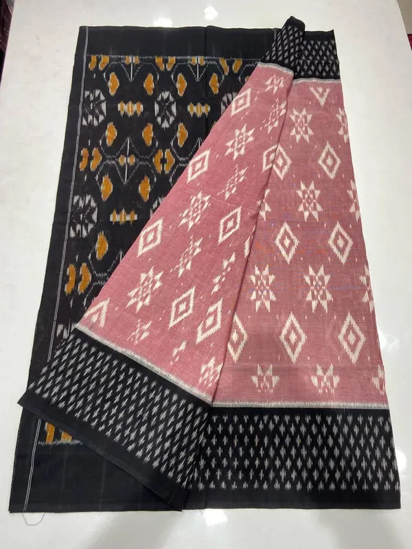 Black_And_Light_Pink_Khadi_Cotton_With_Hand_Block_Batik_Prints