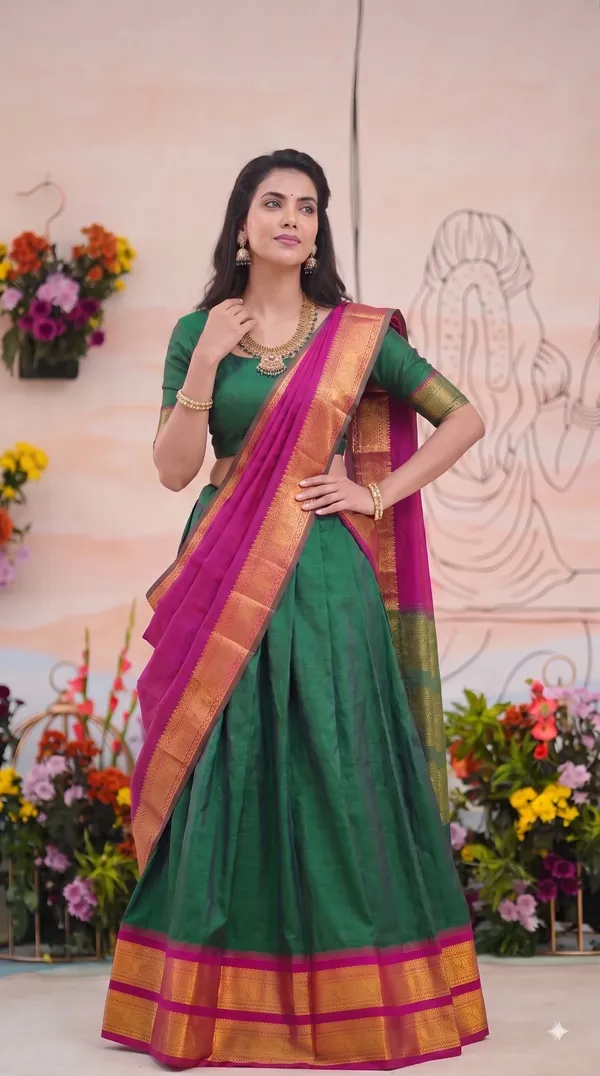 Traditional_Green_Half_Saree_with_Pink_Dhavani