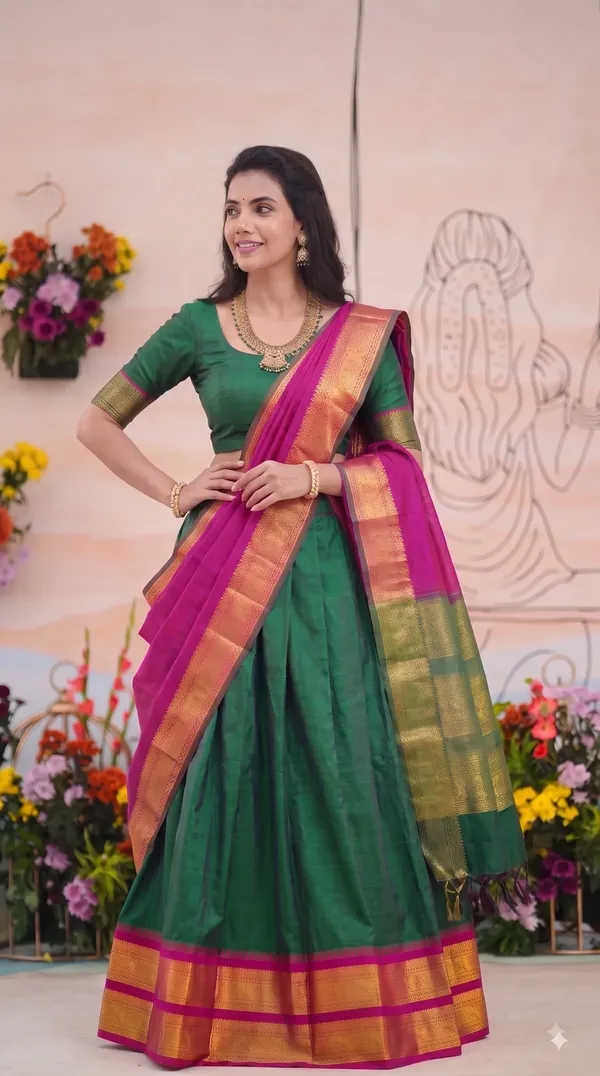 Traditional_Green_Half_Saree_with_Pink_Dhavani
