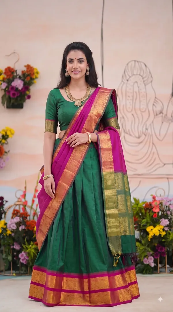 Traditional_Green_Half_Saree_with_Pink_Dhavani