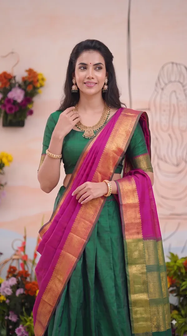Traditional_Green_Half_Saree_with_Pink_Dhavani
