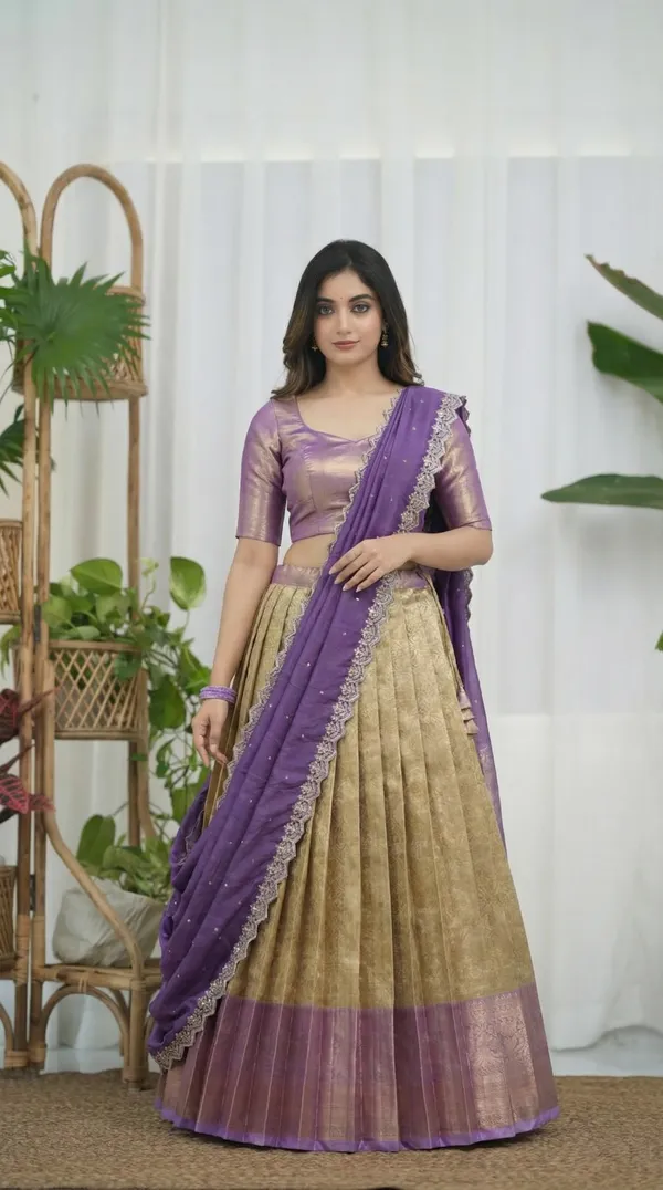 Kanjivaram_Silk_Zari_Half_Saree_stitched-Lehenga_With_Blouse_Along_With_Banarsi_Silk