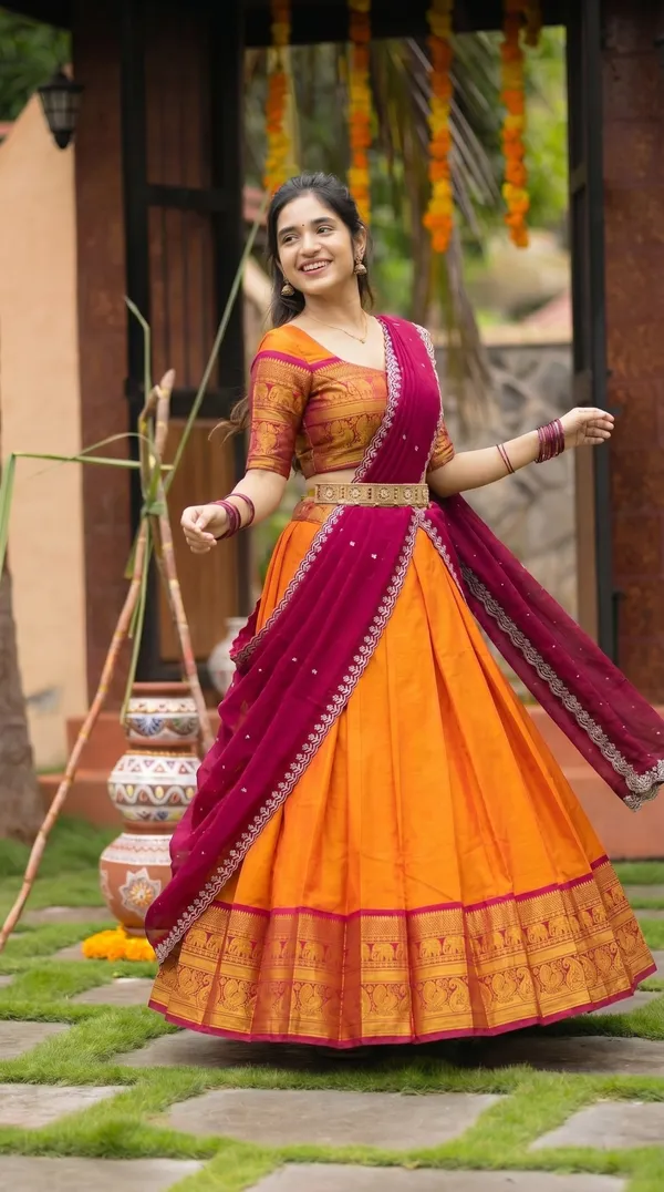 Kanjivaram_Silk_Zari_Half_Saree_stitched-Lehenga_With_Blouse_Along_With_Banarsi_Silk