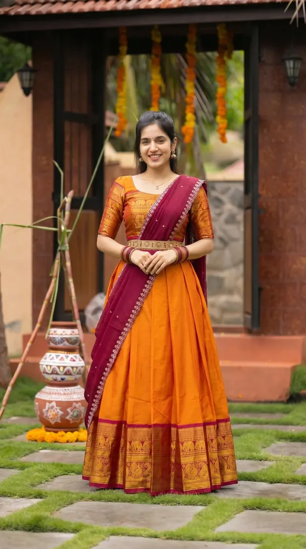 Kanjivaram_Silk_Zari_Half_Saree_stitched-Lehenga_With_Blouse_Along_With_Banarsi_Silk