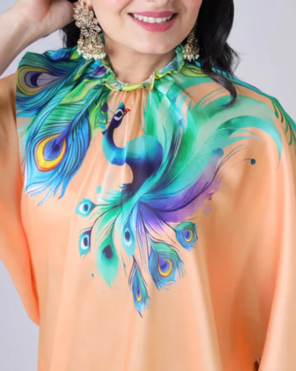 Peach_Bliss_Designer_Freehand_Peacock_Print_Saree_in_Georgette_Satin