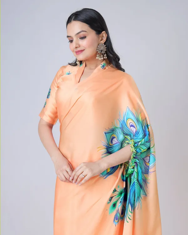 Peach_Bliss_Designer_Freehand_Peacock_Print_Saree_in_Georgette_Satin