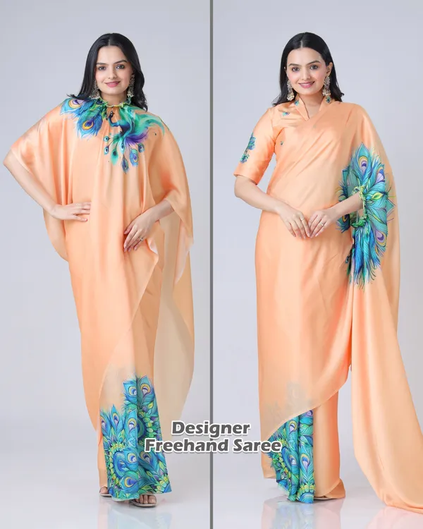 Peach_Bliss_Designer_Freehand_Peacock_Print_Saree_in_Georgette_Satin