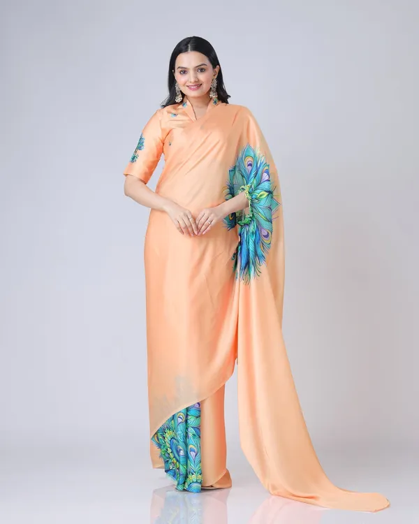 Peach_Bliss_Designer_Freehand_Peacock_Print_Saree_in_Georgette_Satin