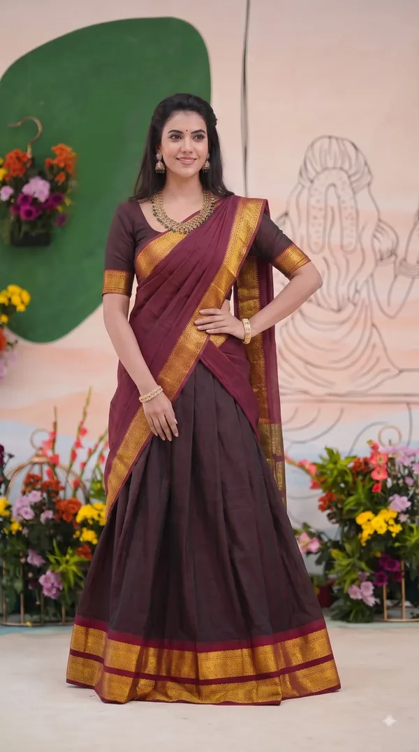 Traditional_Chocolate_Brown_Half_Saree_with_Maroon_Dhavani