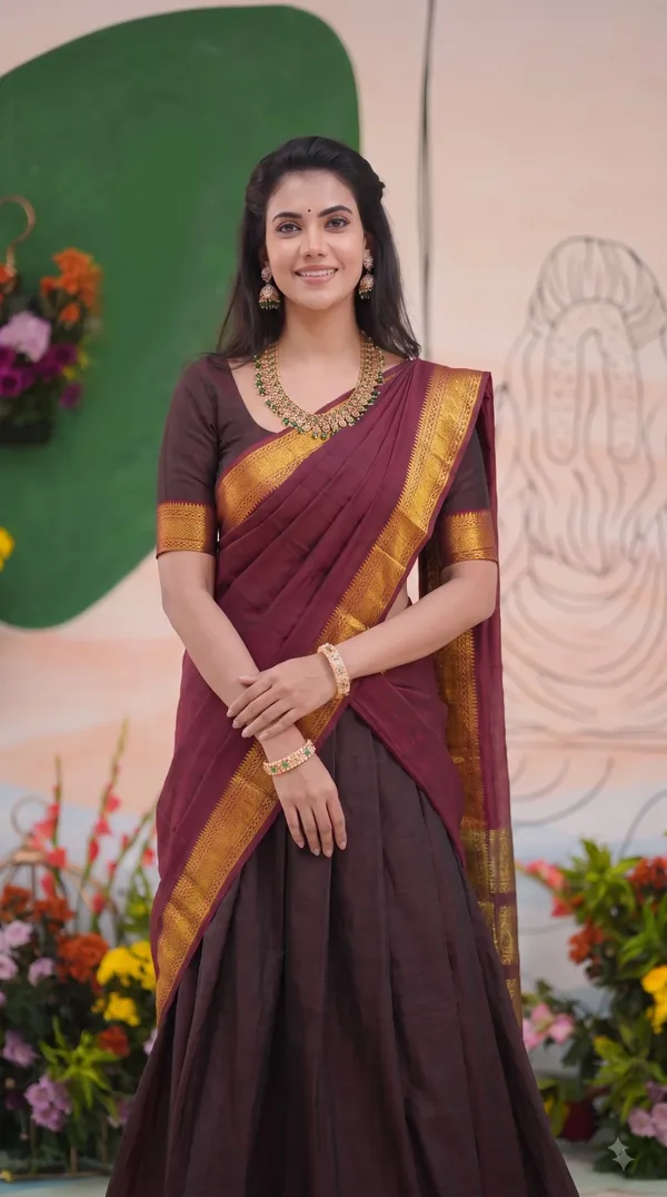 Traditional_Chocolate_Brown_Half_Saree_with_Maroon_Dhavani