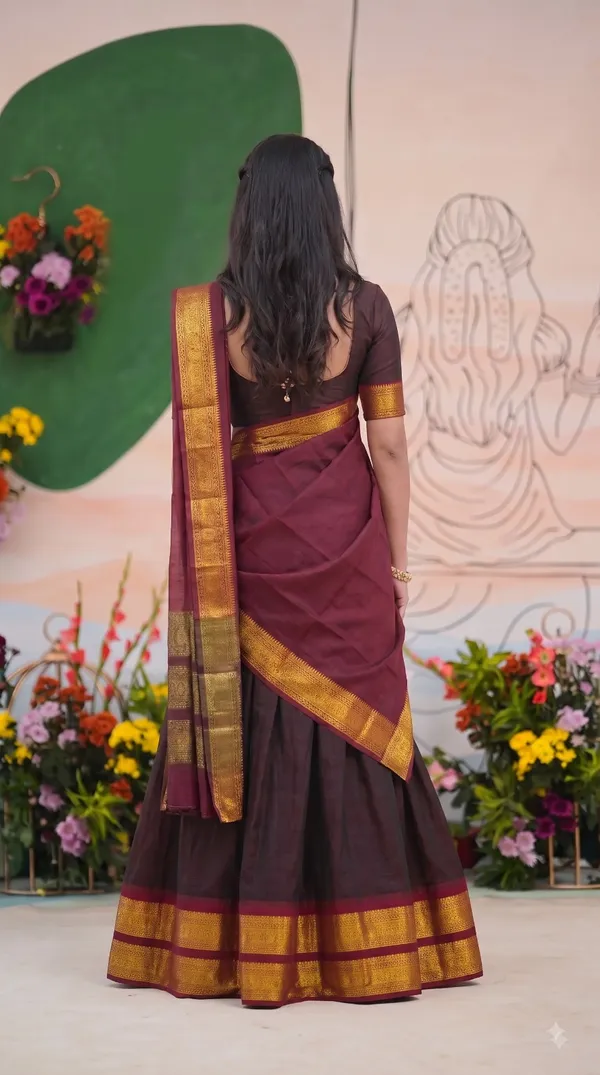 Traditional_Chocolate_Brown_Half_Saree_with_Maroon_Dhavani