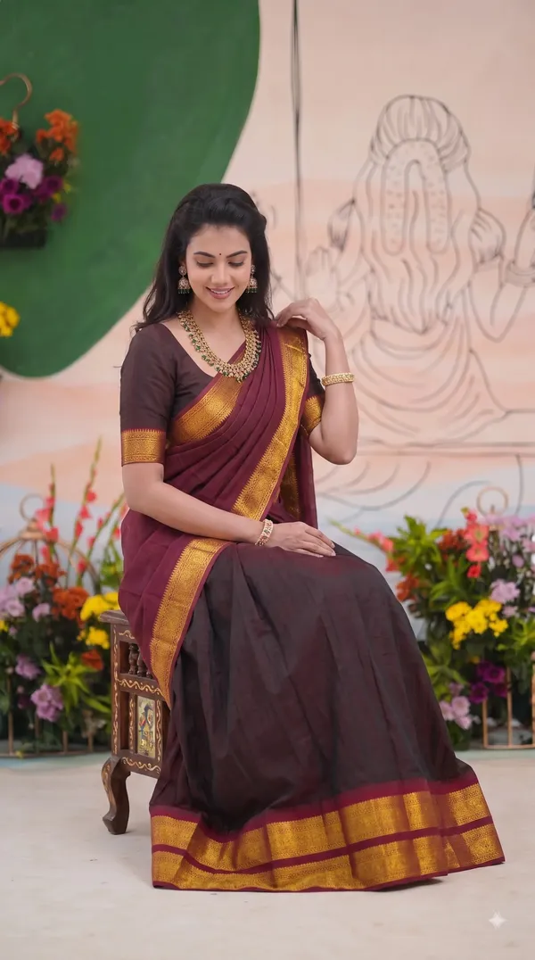 Traditional_Chocolate_Brown_Half_Saree_with_Maroon_Dhavani