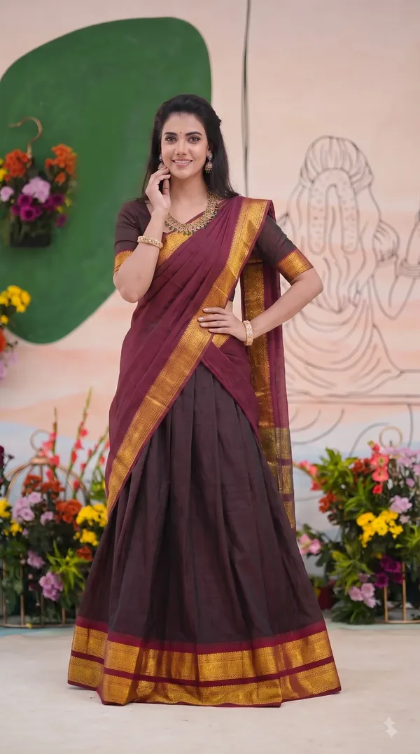 Traditional_Chocolate_Brown_Half_Saree_with_Maroon_Dhavani
