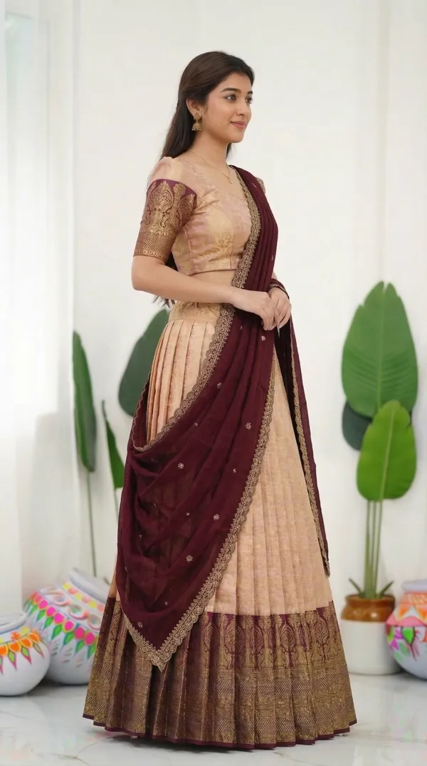 Kanjivaram_Silk_Zari_Half_Saree_stitched-Lehenga_With_Blouse_Along_With_Banarsi_Silk