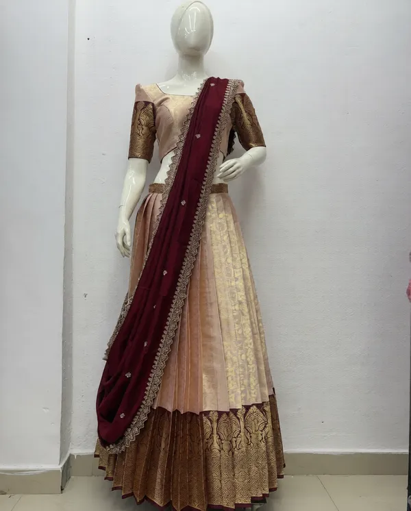 Kanjivaram_Silk_Zari_Half_Saree_stitched-Lehenga_With_Blouse_Along_With_Banarsi_Silk