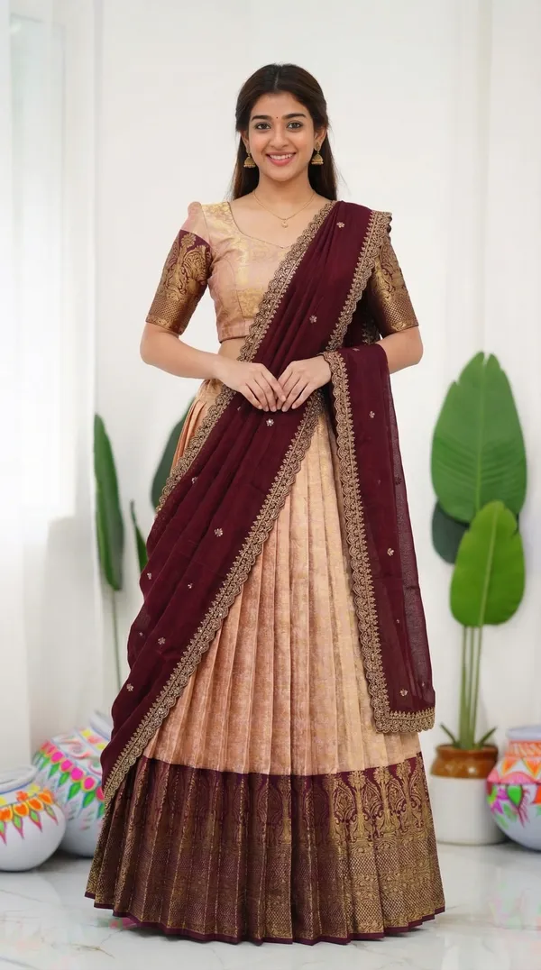 Kanjivaram_Silk_Zari_Half_Saree_stitched-Lehenga_With_Blouse_Along_With_Banarsi_Silk
