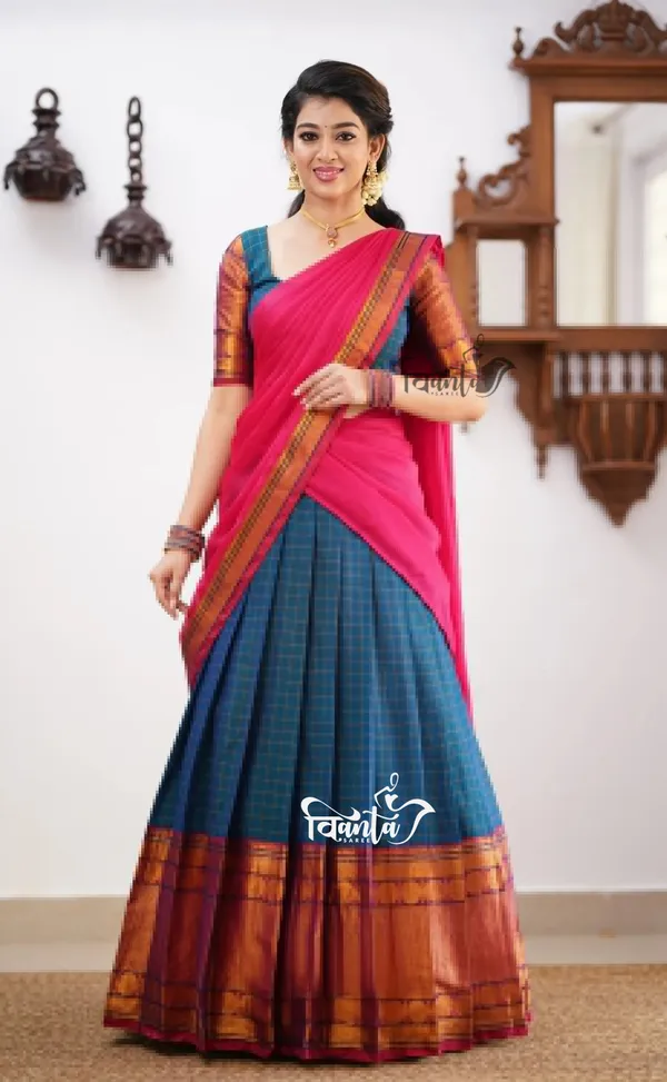 Shade_of_Peacock_Blue_and_Pink_tone_Cotton_Halfsaree