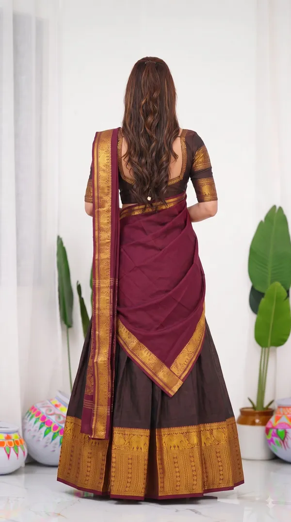 Traditional_Chocolate_Brown_Half_Saree_with_Maroon_Dhavani