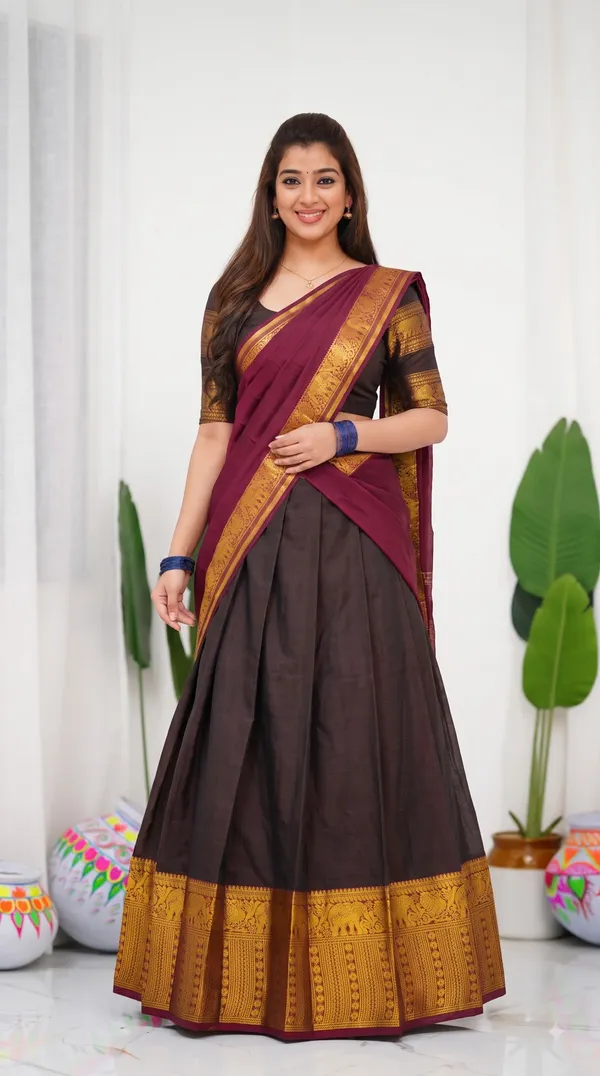 Traditional_Chocolate_Brown_Half_Saree_with_Maroon_Dhavani