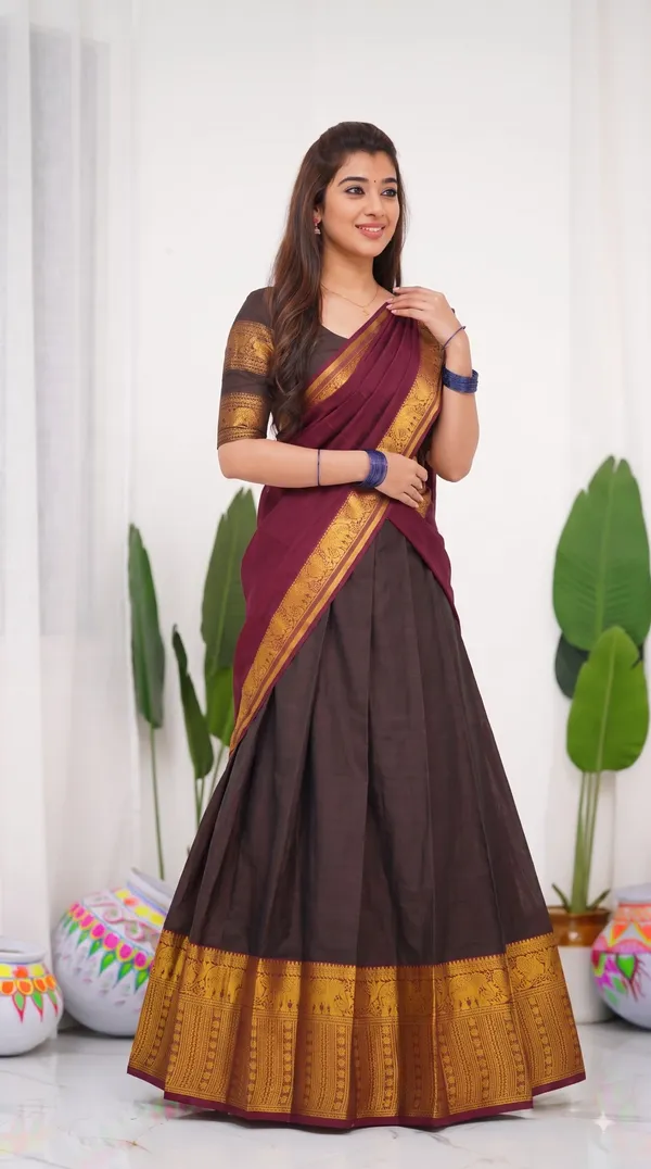 Traditional_Chocolate_Brown_Half_Saree_with_Maroon_Dhavani