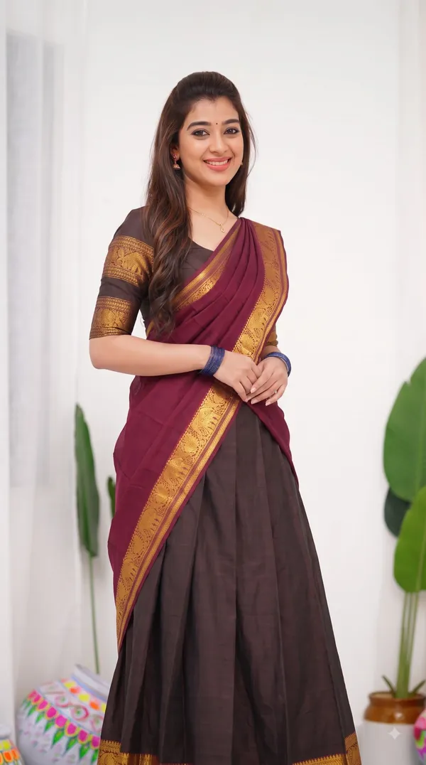 Traditional_Chocolate_Brown_Half_Saree_with_Maroon_Dhavani