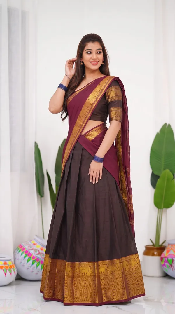 Traditional_Chocolate_Brown_Half_Saree_with_Maroon_Dhavani