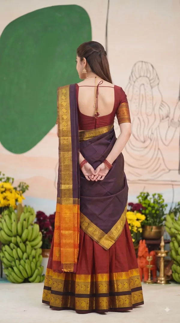 Traditional_Cherry_Red_Half_Saree_with_Coffee_Dhavani