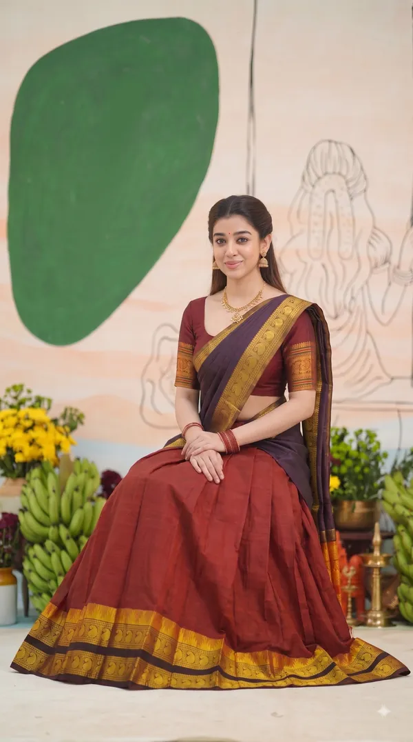 Traditional_Cherry_Red_Half_Saree_with_Coffee_Dhavani