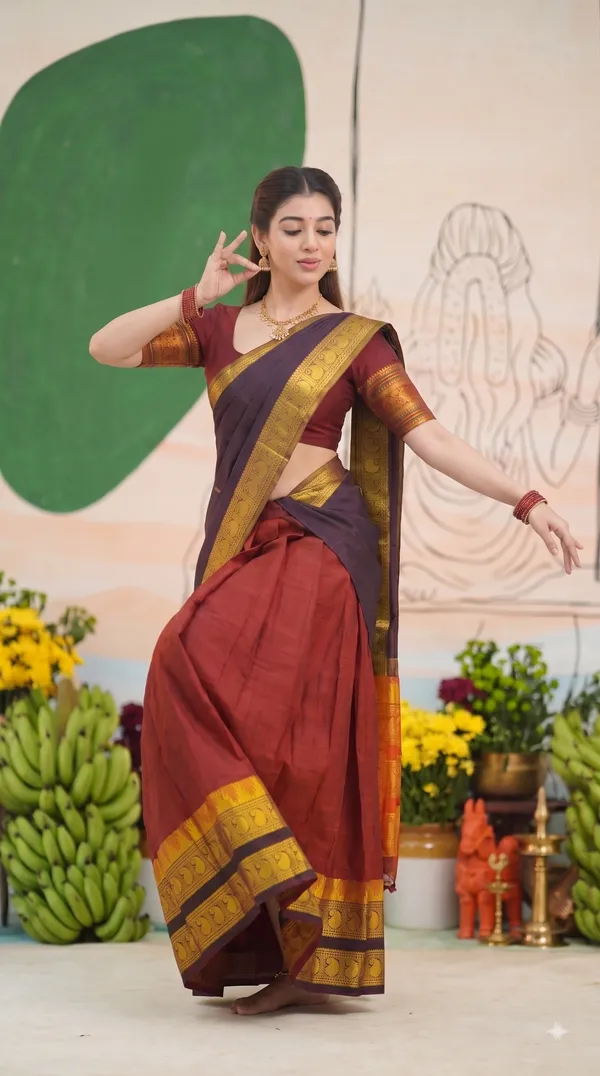 Traditional_Cherry_Red_Half_Saree_with_Coffee_Dhavani
