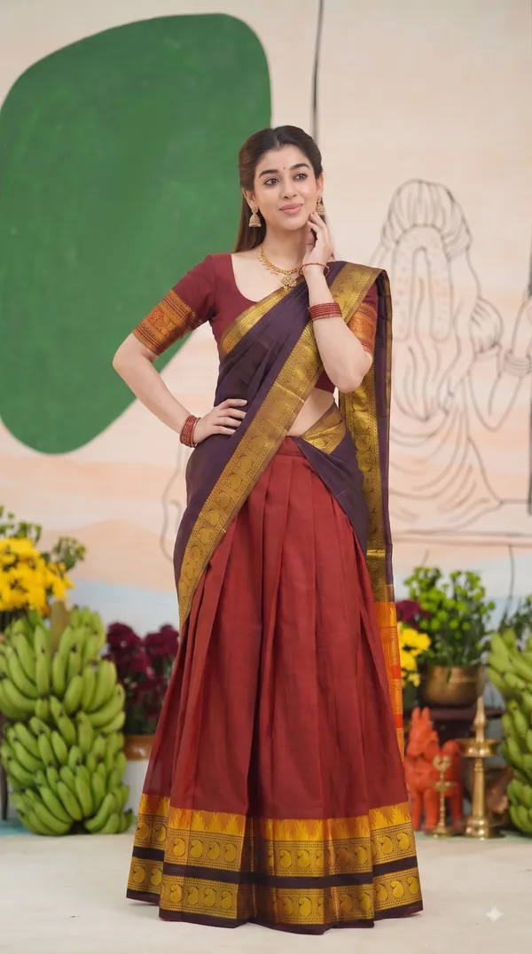 Traditional_Cherry_Red_Half_Saree_with_Coffee_Dhavani